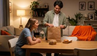 Um casal em uma sala de estar aconchegante desembala um pedido de delivery de uma sacola de papel kraft sobre a mesa de madeira, revelando hambúrgueres prontos para consumo.