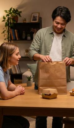 Um casal em uma sala de estar aconchegante desembala um pedido de delivery de uma sacola de papel kraft sobre a mesa de madeira, revelando hambúrgueres prontos para consumo.