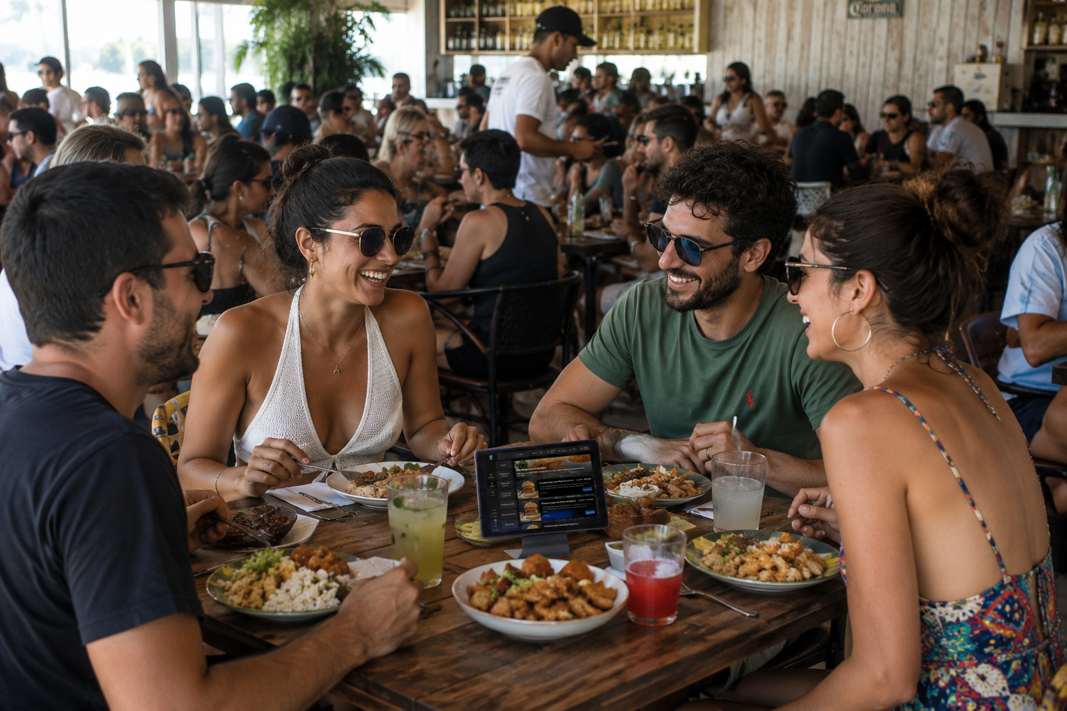 Grupo de amigos reunidos ao redor de uma mesa de madeira em um restaurante movimentado conversam e sorriem enquanto almoçam. No centro da mesa, há diversos pratos de comida, copos com bebidas e um tablet de menu digital, em uma atmosfera descontraída de verão.