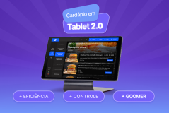Ilustração de um tablet de última geração exibindo um cardápio de hambúrguer gourmet com interface moderna. Design atrativo com fundo roxo e elementos gráficos de destaque, promovendo a inovação na gestão de pedidos de restaurante.