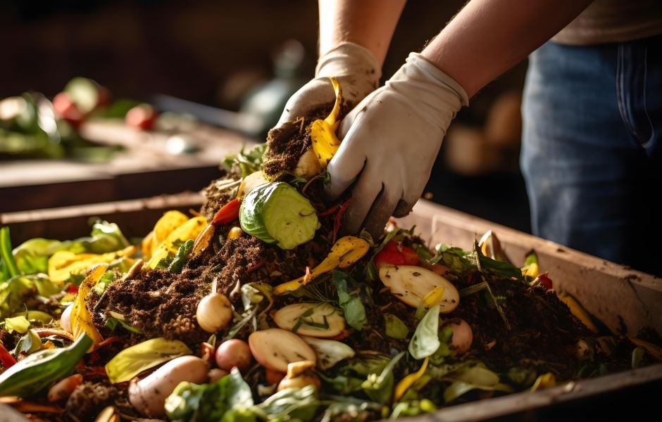 Mãos usando luvas brancas misturam restos de alimentos orgânicos, como cascas de vegetais, folhas e terra, dentro de uma caixa de compostagem de madeira.