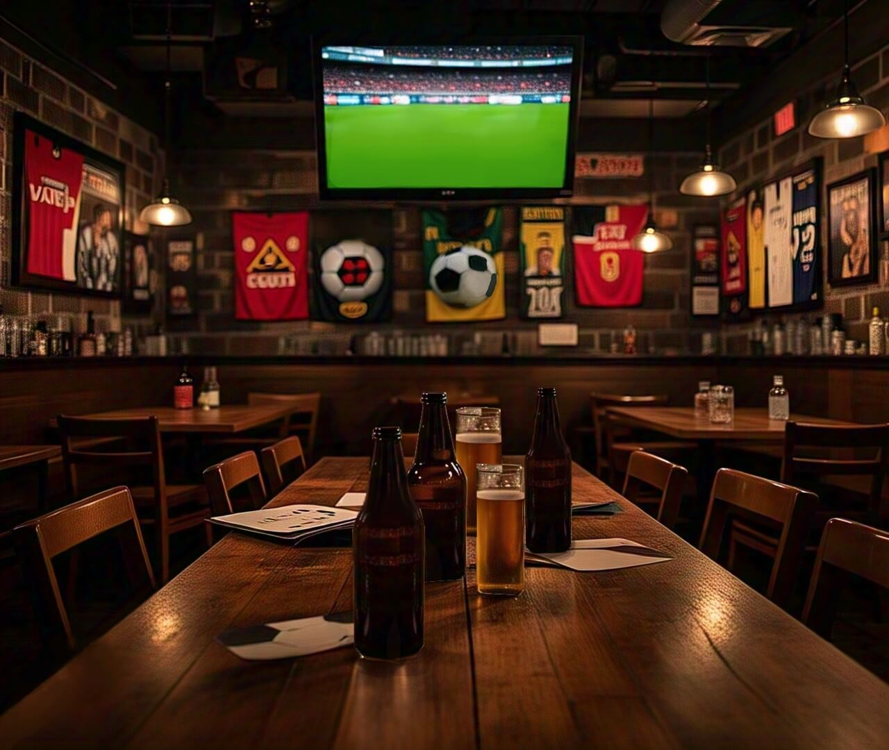 Imagem de um pub esportivo, decorado com camisas de times, bandeiras e uma televisão exibindo uma partida de futebol.