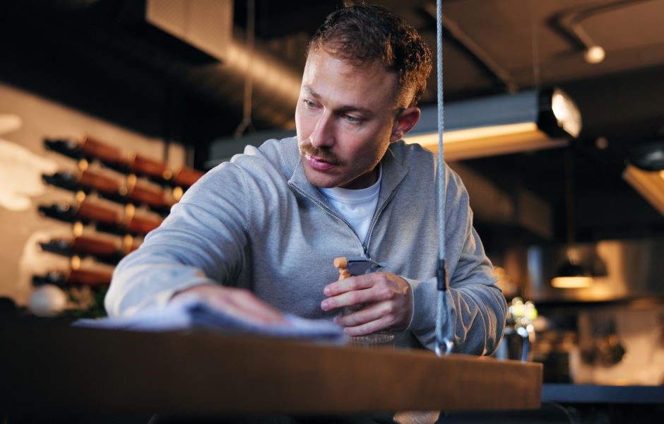 Homem concentrado escrevendo em um restaurante contemporâneo, usando uma roupa casual e observando atentamente documentos ou menu, ambiente acolhedor com iluminação quente.