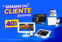 Material de marketing da Semana do Cliente da Goomer mostrando diversas telas e dispositivos digitais com promoção de 40% de desconto, ideal para negócios de food service.