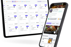 Imagem de uma tela de um sistema de gerenciamento de pedidos e um smartphone exibindo um aplicativo de delivery de lanches e refeições, com destaque para opções de pratos e funcionalidades da plataforma.