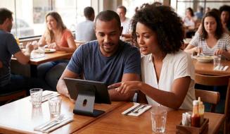 Casal está sentado em uma mesa de restaurante movimentado interagindo com um tablet fixado em um suporte. A mulher negra, de cabelo cacheado e camisa branca, aponta para a tela enquanto o homem ao seu lado observa atento. Sobre a mesa de madeira, há copos de água, talheres dispostos em guardanapos e um suporte com molhos.