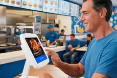 Homem fazendo pedido pelo totem digital em fast food, ambiente moderno com funcionários atendendo ao fundo.