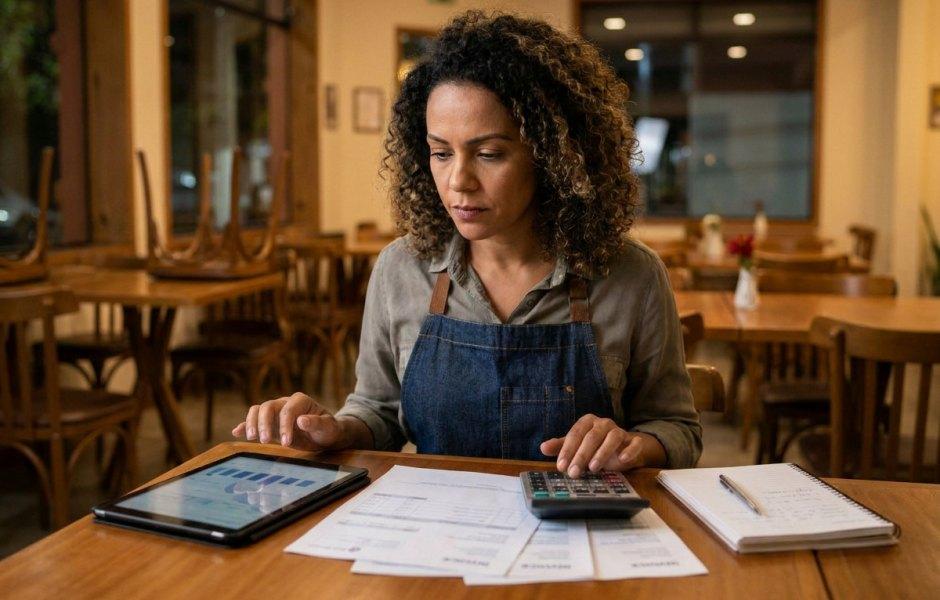 Com cabelos cacheados e usando avental de jeans, proprietária de restaurante trabalha concentrada ao balcão após o expediente. Ela utiliza uma calculadora, tablet com gráficos financeiros, papéis e bloco de anotações para organizar a gestão da empresa no salão com cadeiras viradas sobre as mesas.