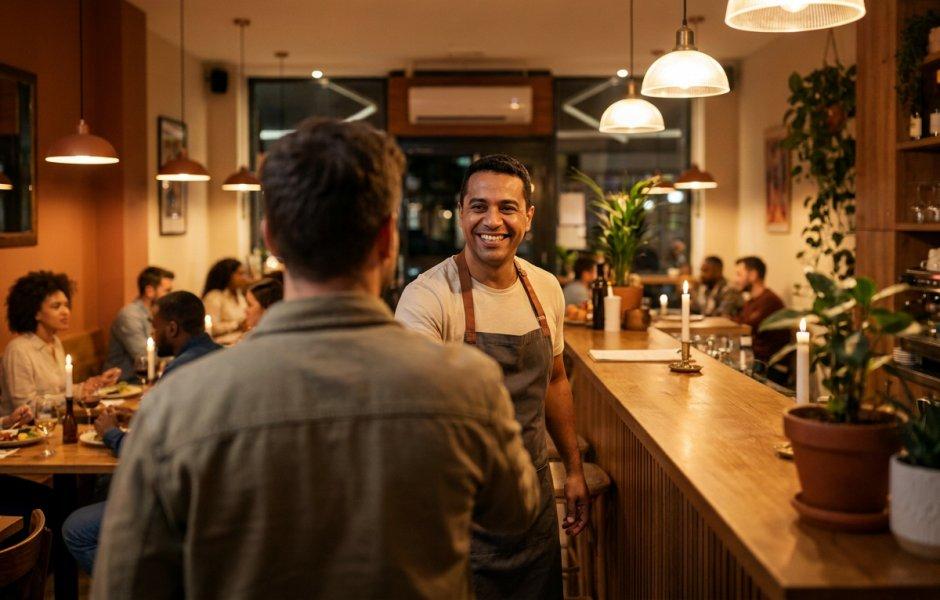 De costas, um homem de jaqueta aperta a mão de um funcionário sorridente de avental atrás do balcão de madeira. O fundo mostra um restaurante aconchegante e iluminado, com clientes jantando em mesas. Potes com plantas e velas decoram o ambiente do bar.