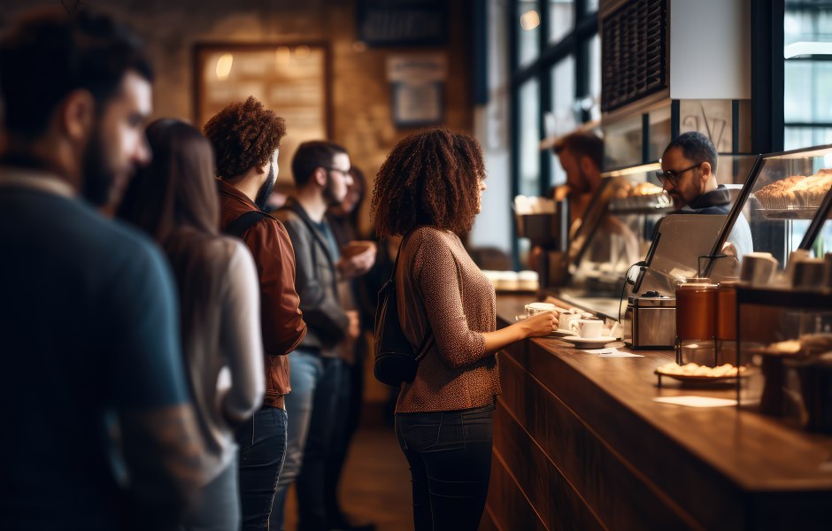 Fila de pessoas esperando atendimento no balcão de uma cafeteria com iluminação quente.