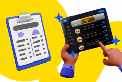 Pessoa usando um tablet para fazer pedido em um restaurante, enquanto um garçom anota um pedido ao fundo; tecnologia e alimentação.