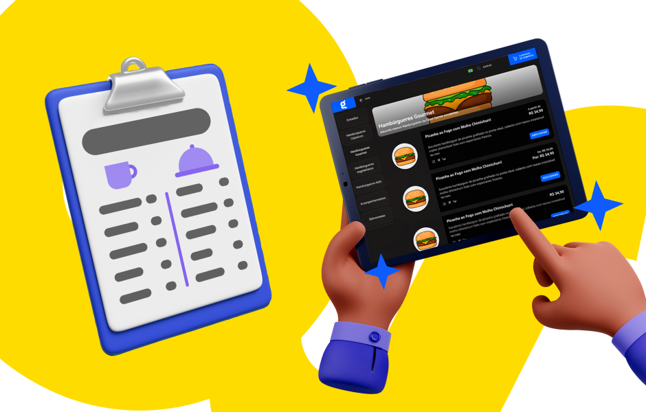 Pessoa usando um tablet para fazer pedido em um restaurante, enquanto um garçom anota um pedido ao fundo; tecnologia e alimentação.
