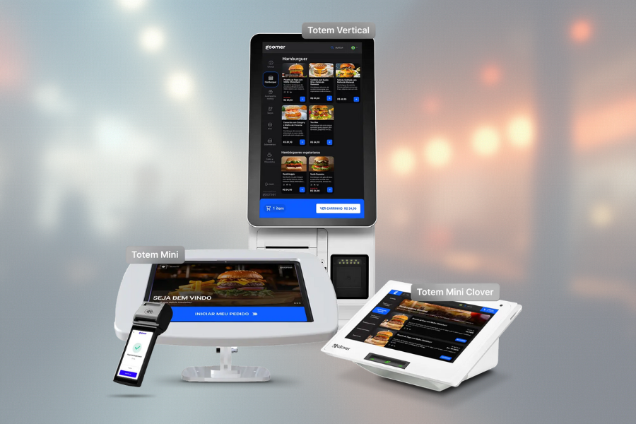 Pessoa utilizando um totem em um ambiente de restaurante, interagindo com um sistema digital de pedidos.