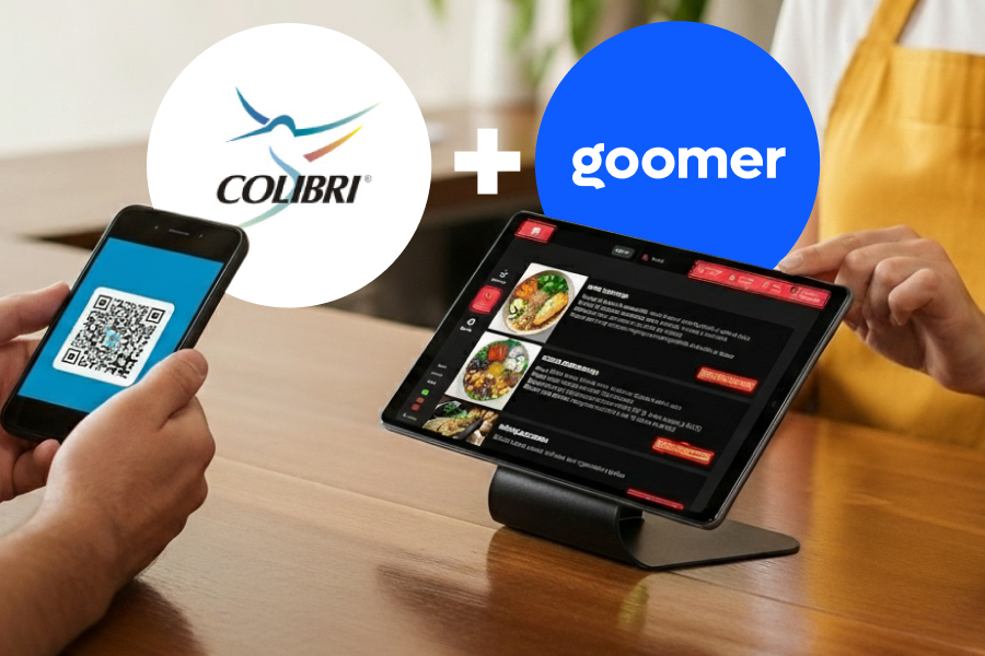 Aplicativo Goomer integrado com sistema do Colibri para pedidos de restaurante por celular, com código QR e menu digital em tela de tablet.