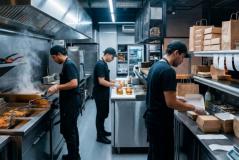 Cozinha profissional moderna de uma hamburgueria com funcionários de uniforme preto preparando hambúrgueres e embalando pedidos para delivery.