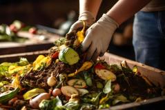Mãos usando luvas brancas misturam restos de alimentos orgânicos, como cascas de vegetais, folhas e terra, dentro de uma caixa de compostagem de madeira.