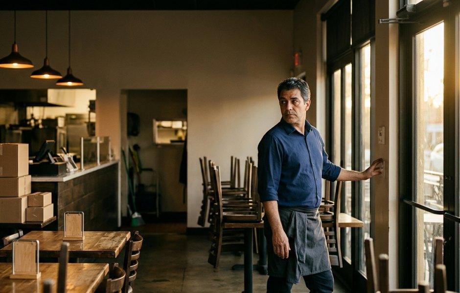 Homem com camisa azul e avental escuro junto à porta de vidro de um restaurante, olhando para trás com expressão pensativa enquanto toca no interruptor de luz. Ao fundo, veem-se cadeiras empilhadas sobre as mesas, caixas de papelão empilhadas e luminárias pendentes acesas. A iluminação natural vinda da janela cria uma atmosfera de encerramento de expediente no estabelecimento.