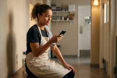 Pessoa de cabelo encaracolado apanhado, t-shirt escura e avental bege utiliza telemóvel sentada em banco de madeira em área de descanso ou corredor de estabelecimento comercial. Ao seu lado encontra-se garrafa de água, enquanto ao fundo observam-se prateleiras de arrumação, portas e iluminação ambiente suave.