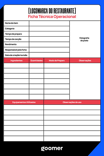 Ficha técnica operacional para restaurantes com campos para identificação, ingredientes e observações, otimizada para controle de pratos.