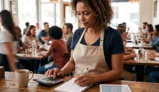 Mulher de cabelo cacheado, vestindo camiseta azul e avental bege, está concentrada trabalhando no balcão de madeira de um restaurante movimentado. Ela usa uma calculadora enquanto faz anotações em um caderno, tendo ao seu lado um tablet e uma xícara de café, enquanto diversos clientes ocupam as mesas ao fundo.