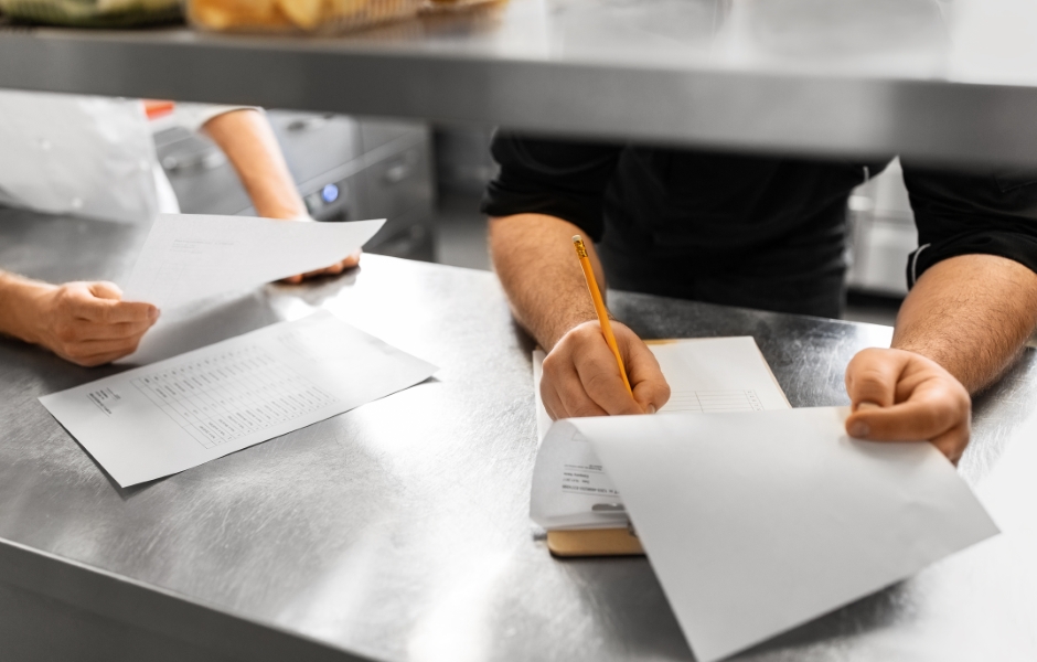 Pessoa escrevendo em uma mesa de restaurante com documentos ao redor, representando a organização e o trabalho em equipe na cozinha.
