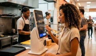 Mulher de cabelo cacheado realiza um pedido tocando na tela de um totem vertical de autoatendimento em um restaurante. Ao fundo, no balcão da cozinha aberta, um cozinheiro de avental prepara refeições.