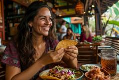 Mulher sorridente segurando um taco em restaurante mexicano casual, com mesa farta de pratos coloridos, salsa e bebida gelada, em ambiente tropical e animado ao fundo.