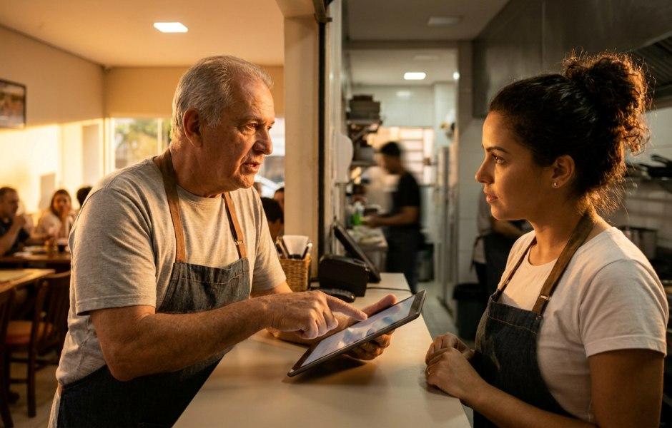 Homem sênior de avental aponta para a tela de um tablet enquanto orienta uma jovem funcionária negra de cabelos cacheados presos em um coque. Ambos estão no balcão de atendimento que divide o salão do restaurante da área da cozinha.