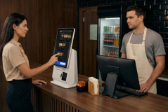Pessoa de cabelo escuro e camisa bege utiliza totém de autoatendimento tátil sobre balcão de madeira para realizar pedido em restaurante. Ao fundo, do lado esquerdo, observa-se profissional de t-shirt e avental claro atrás do balcão, enquanto do lado direito sobressaem mesas e clientes no salão iluminado do estabelecimento.