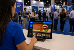 Pessoa de camisa azul interage com tablet de autoatendimento no balcão, exibindo cardápio digital de hambúrgueres. Ao fundo, pavilhão de feira corporativa traz estandes azuis e diversos visitantes em trajes esporte fino circulando pelo evento.