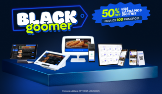 Promoção Black Goomer com descontos de 50% em cartões digitais, disponível para os primeiros 100 clientes, com diversas opções de dispositivos digitais como smartphones, tablets e computadores.