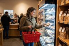 Mulher sorridente vestindo casaco marrom e segurando uma cesta vermelha pega uma torta em um expositor refrigerado. À sua direita, prateleiras de madeira expõem diversos produtos em embalagens de papel. Ao fundo, outros clientes e funcionários movimentam-se próximo ao balcão da loja.