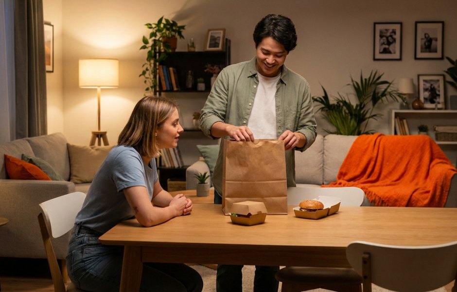 Um casal em uma sala de estar aconchegante desembala um pedido de delivery de uma sacola de papel kraft sobre a mesa de madeira, revelando hambúrgueres prontos para consumo.