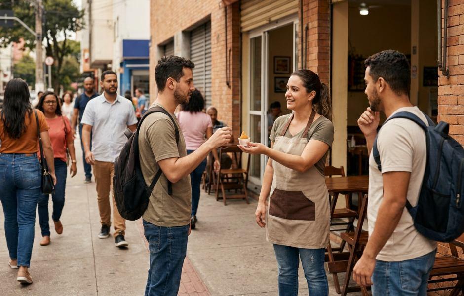 Atendente usando avental sorri enquanto oferece uma amostra de salgado em um pequeno copo a dois jovens com mochilas nas costas na calçada em frente ao seu estabelecimento. Ao fundo, pedestres caminham pela rua movimentada de uma área comercial.