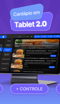 Ilustração de um tablet de última geração exibindo um cardápio de hambúrguer gourmet com interface moderna. Design atrativo com fundo roxo e elementos gráficos de destaque, promovendo a inovação na gestão de pedidos de restaurante.