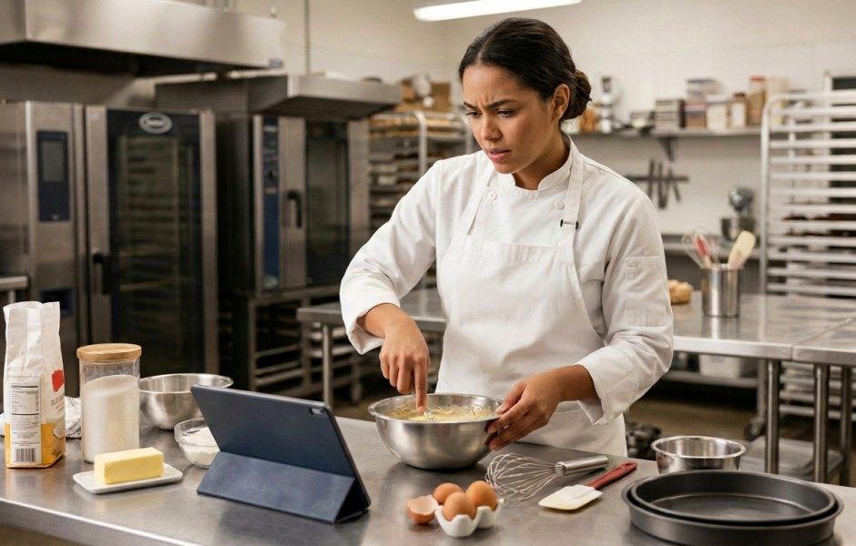 Chef de cozinha de dólmã e avental brancos mistura ingredientes em uma tigela de inox com expressão concentrada e duvidosa. Na bancada industrial de aço, há um tablet apoiado mostrando orientações, além de ingredientes como ovos, manteiga, farinha, potes de mantimento, batedor de arame e uma assadeira. Ao fundo, vê-se a cozinha profissional equipada com fornos e prateleiras.