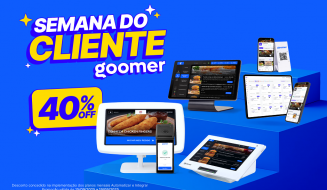 Material de marketing da Semana do Cliente da Goomer mostrando diversas telas e dispositivos digitais com promoção de 40% de desconto, ideal para negócios de food service.