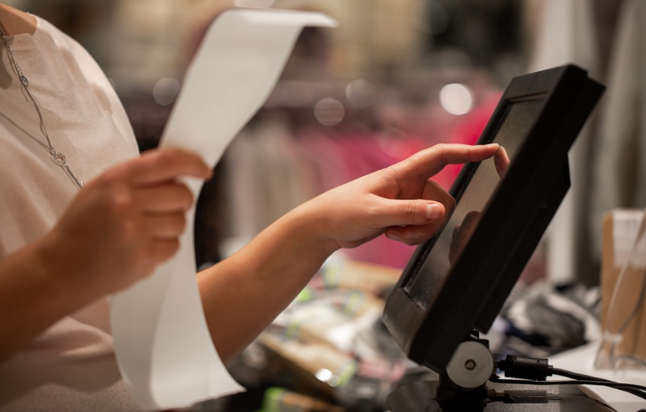 Pessoa operando um sistema de ponto de venda (PDV) em um restaurante, tocando na tela do monitor enquanto segura uma longa nota fiscal de papel.