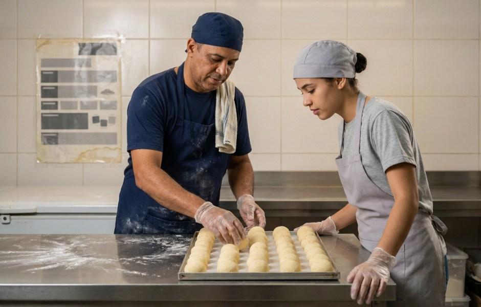 Profissionais de pastelaria/padaria trajando aventais, gorros de proteção e luvas transparentes organizam porções redondas de massa sobre tabuleiro metálico. Na bancada de inox sobressai farinha polvilhada, enquanto ao fundo observa-se parede revestida a azulejos claros com cartaz informativo.