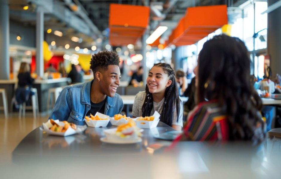 Grupo de jovens sorrindo e conversando em uma praça de alimentação colorida e movimentada enquanto comem lanches rápidos.