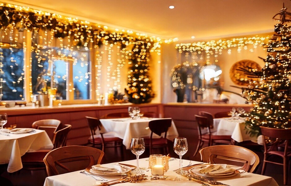 Restaurante decorado para o natal, com mesas elegantes, luzes cintilantes e árvore de Natal, ideal para celebrações natalinas.