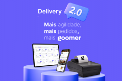 Imagem destacando a solução de entrega Goomer 2.0, com um tablet, smartphone e impressora, demonstrando a modernização dos serviços de delivery.