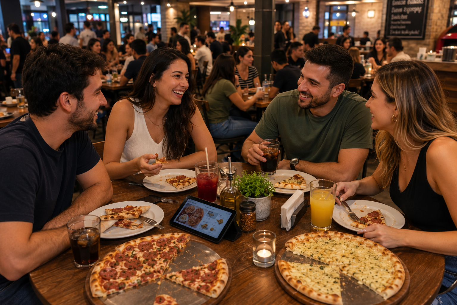 Grupo de amigos em pizzaria compartilhando os sabores de pizza mais pedidos e bebidas, com tablet de cardápio digital na mesa.
