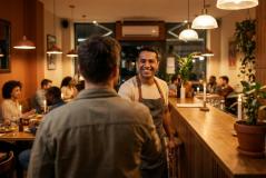 De costas, um homem de jaqueta aperta a mão de um funcionário sorridente de avental atrás do balcão de madeira. O fundo mostra um restaurante aconchegante e iluminado, com clientes jantando em mesas. Potes com plantas e velas decoram o ambiente do bar.