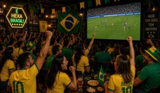 Interior de um restaurante ou bar decorado para a Copa do Mundo, cheio de clientes com camisas do Brasil comemorando e assistindo ao jogo de futebol em um grande telão.