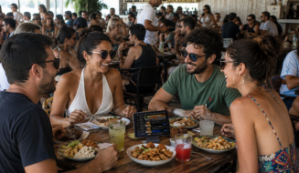 Grupo de amigos reunidos ao redor de uma mesa de madeira em um restaurante movimentado conversam e sorriem enquanto almoçam. No centro da mesa, há diversos pratos de comida, copos com bebidas e um tablet de menu digital, em uma atmosfera descontraída de verão.