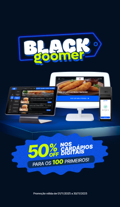 Promoção Black Goomer com descontos de 50% em cartões digitais, disponível para os primeiros 100 clientes, com diversas opções de dispositivos digitais como smartphones, tablets e computadores.