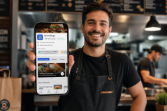 Homem sorridente de avental segurando um celular em destaque, exibindo o cardápio digital de uma hamburgueria.