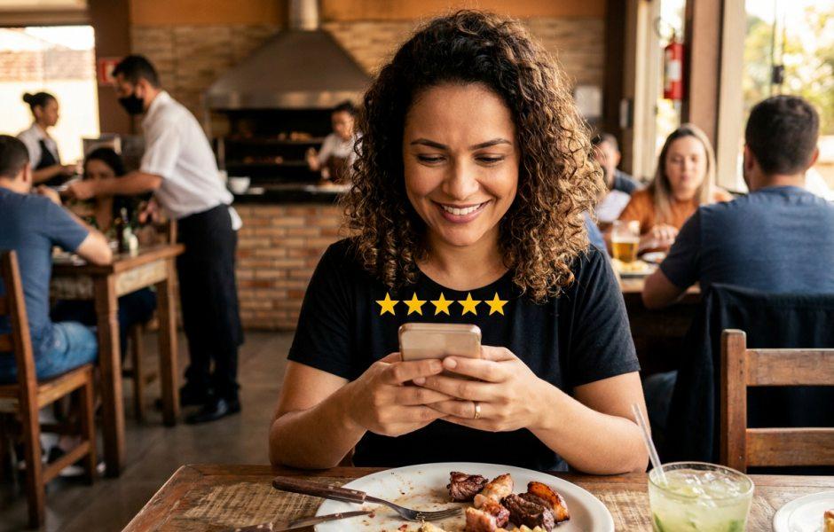 Cliente com cabelos cacheados sorri ao usar o celular para avaliar com cinco estrelas sua experiência no restaurante. Sentada à mesa com um prato de churrasco e uma bebida, ela aproveita o ambiente movimentado ao fundo, onde funcionários atendem outros clientes próximos à churrasqueira.