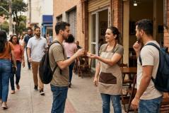 Atendente usando avental sorri enquanto oferece uma amostra de salgado em um pequeno copo a dois jovens com mochilas nas costas na calçada em frente ao seu estabelecimento. Ao fundo, pedestres caminham pela rua movimentada de uma área comercial.